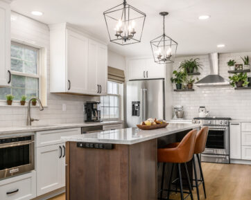 White and wooden cabinetry with a white tile backsplash