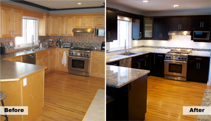 Transitional kitchen remodel done with cabinet refacing