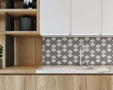 Geometric backsplash in wooden kitchen